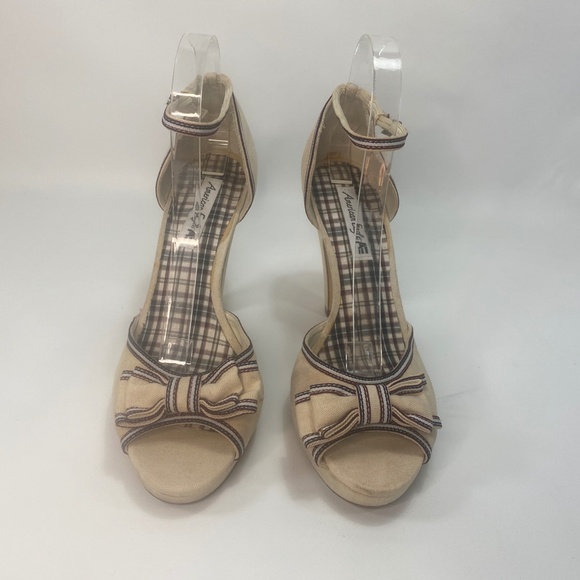 American Eagle Womens Heel Shoes 10 Canvas Peep Toe Ankle Strap Bows Plaid - Picture 3 of 16